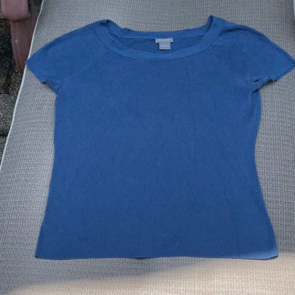 Ann Taylor Blue Fitted Short Sleeve Silk Blend Top